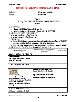 Kế hoạch dạy học Tin học 7 - Tiết 11+12, Bài  Làm quen với chương trình bảng tính (2 tiết) - Năm học 2016-2017 - Nguyễn Văn Dũng